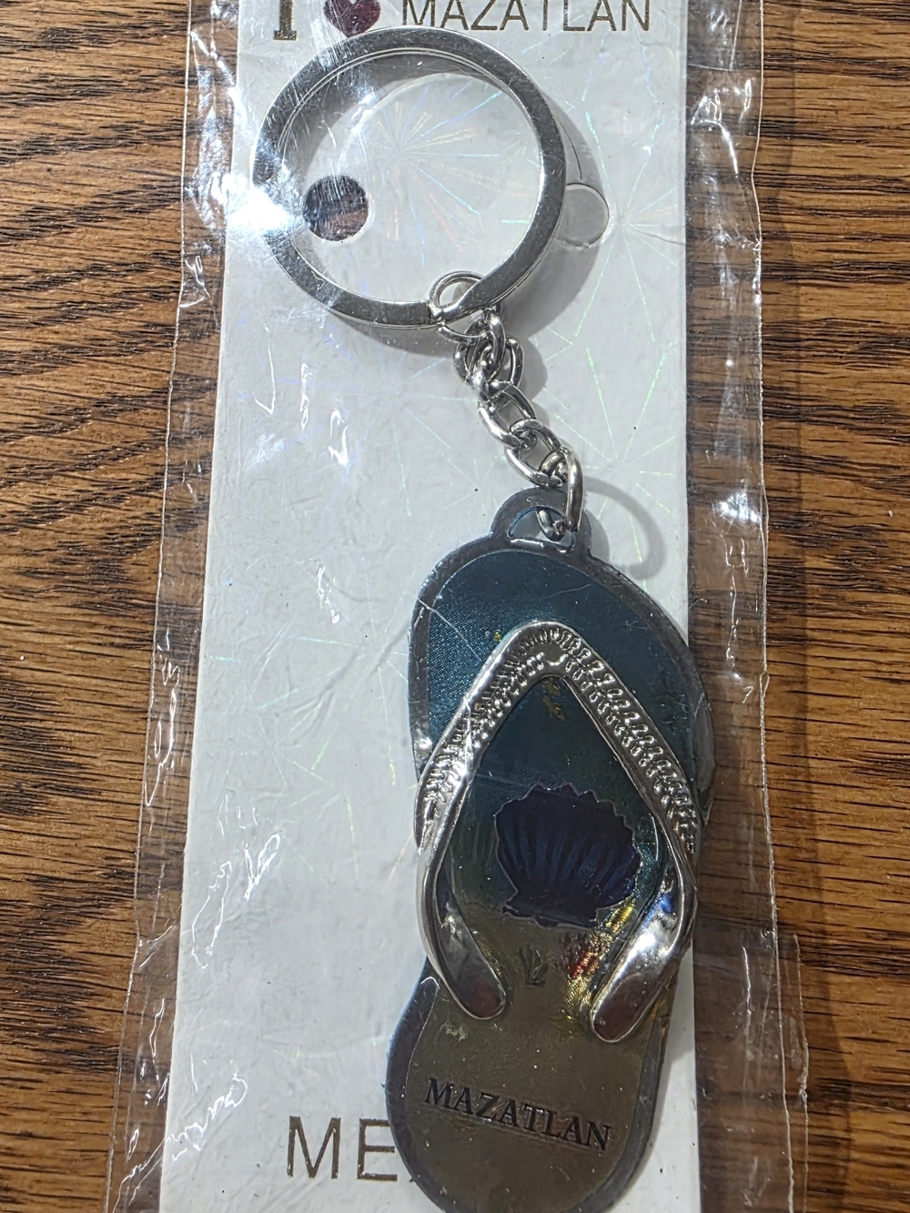 "I Love Mazatlan" Metal Flip-Flop Keychain - Teal Blue